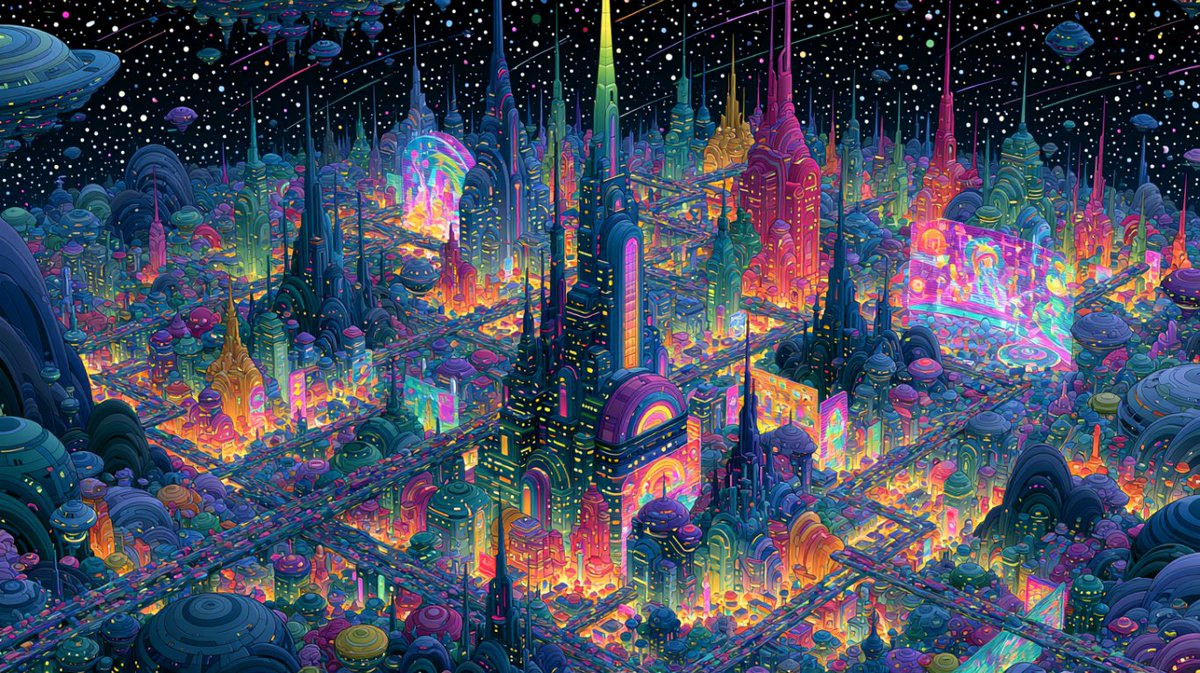 一座坐落在遥远外星球上的庞大都市，从轨道俯瞰，可见高耸的尖塔、悬浮的交通通道以及巨型全息广告牌，一切散发着明亮、大胆、美丽、对比鲜明且闪耀的霓…, 图片 1