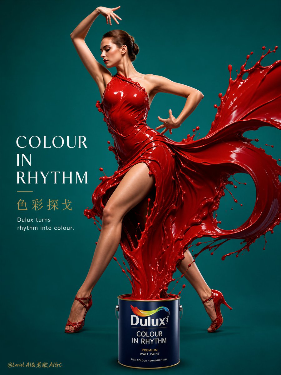 凌乱的油漆泼溅，卡通舞者，杂乱的背景，弱化的 Dulux 品牌标识，低细节液体，廉价时尚广告，粗糙的字体设计，不真实的解剖结构，浑浊的颜色，弱…, 图片 2