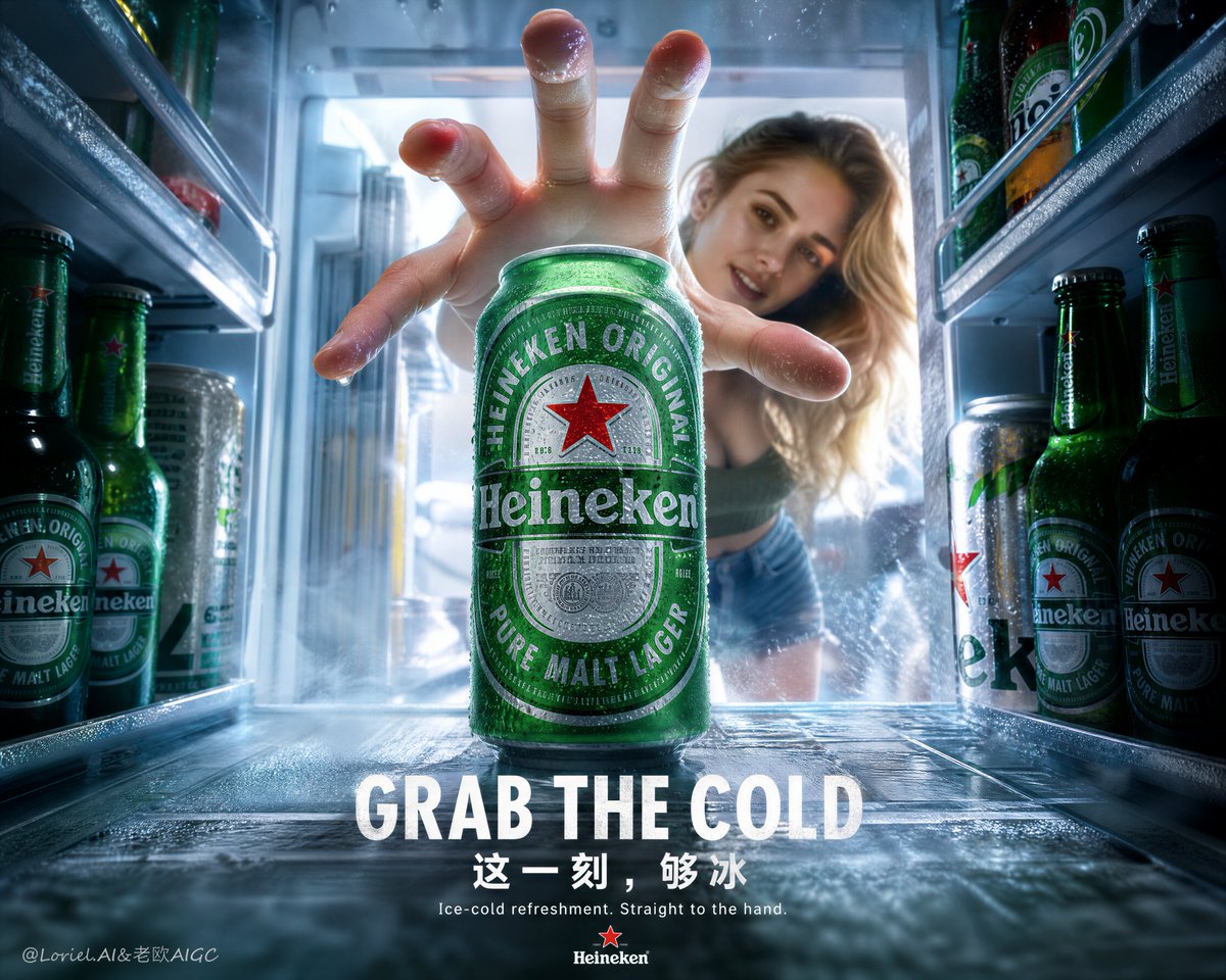 扭曲的手指, 手部解剖结构错误, 产品可见度弱, 冰箱杂乱, 构图凌乱, 廉价饮料广告, 卡通写实风格, 罐身细节不足, Heineken 品…, 图片 1