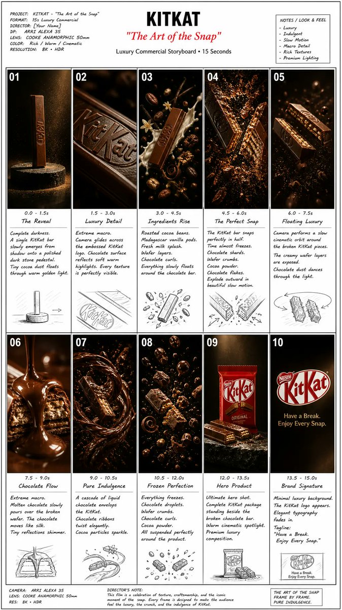 Create one professional commercial storyboard presentation showing 10 cinematic…