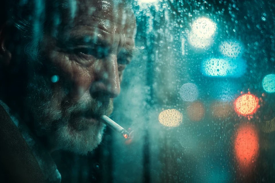 透过布满雨滴的玻璃看到的逼真[主体]。雾气弥漫的氛围，冷色调电影感光影，蓝光与钨丝灯光交织，伴有散景扭曲。情绪化且富有感染力，具备电影剧照的美…, 图片 1