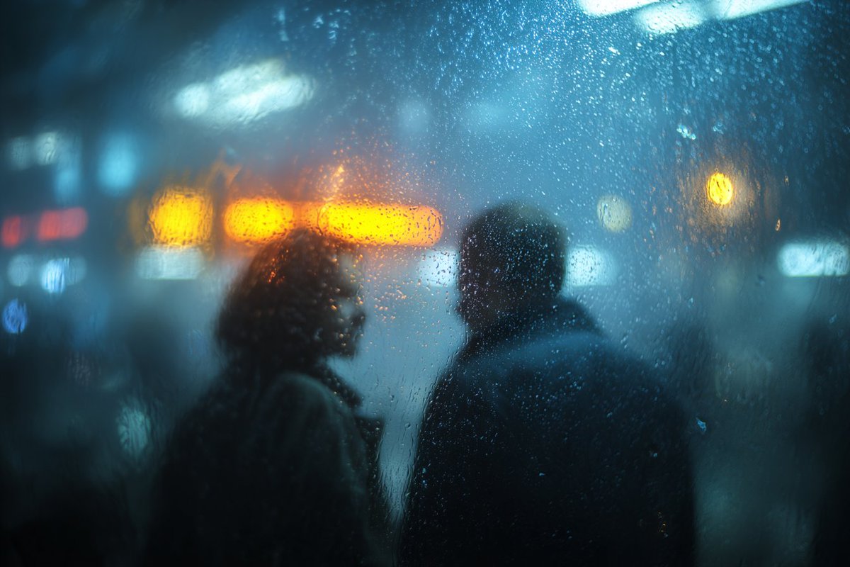 透过布满雨滴的玻璃看到的逼真[主体]。雾气弥漫的氛围，冷色调电影感光影，蓝光与钨丝灯光交织，伴有散景扭曲。情绪化且富有感染力，具备电影剧照的美…, 图片 4