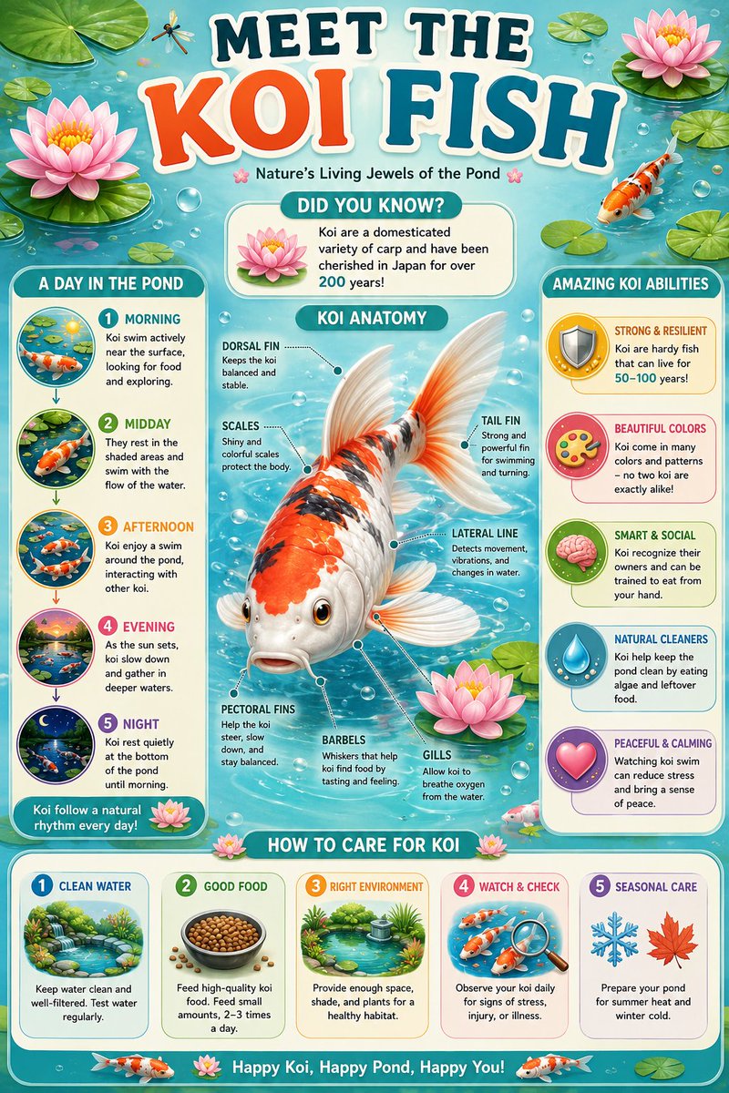 教育信息图海报,标题为"认识锦鲤"(MEET THE KOI FISH)。一条友好的超写实3D锦鲤,长着富有表现力的眼睛、闪烁的彩色鳞片和飘逸…, 图片 1