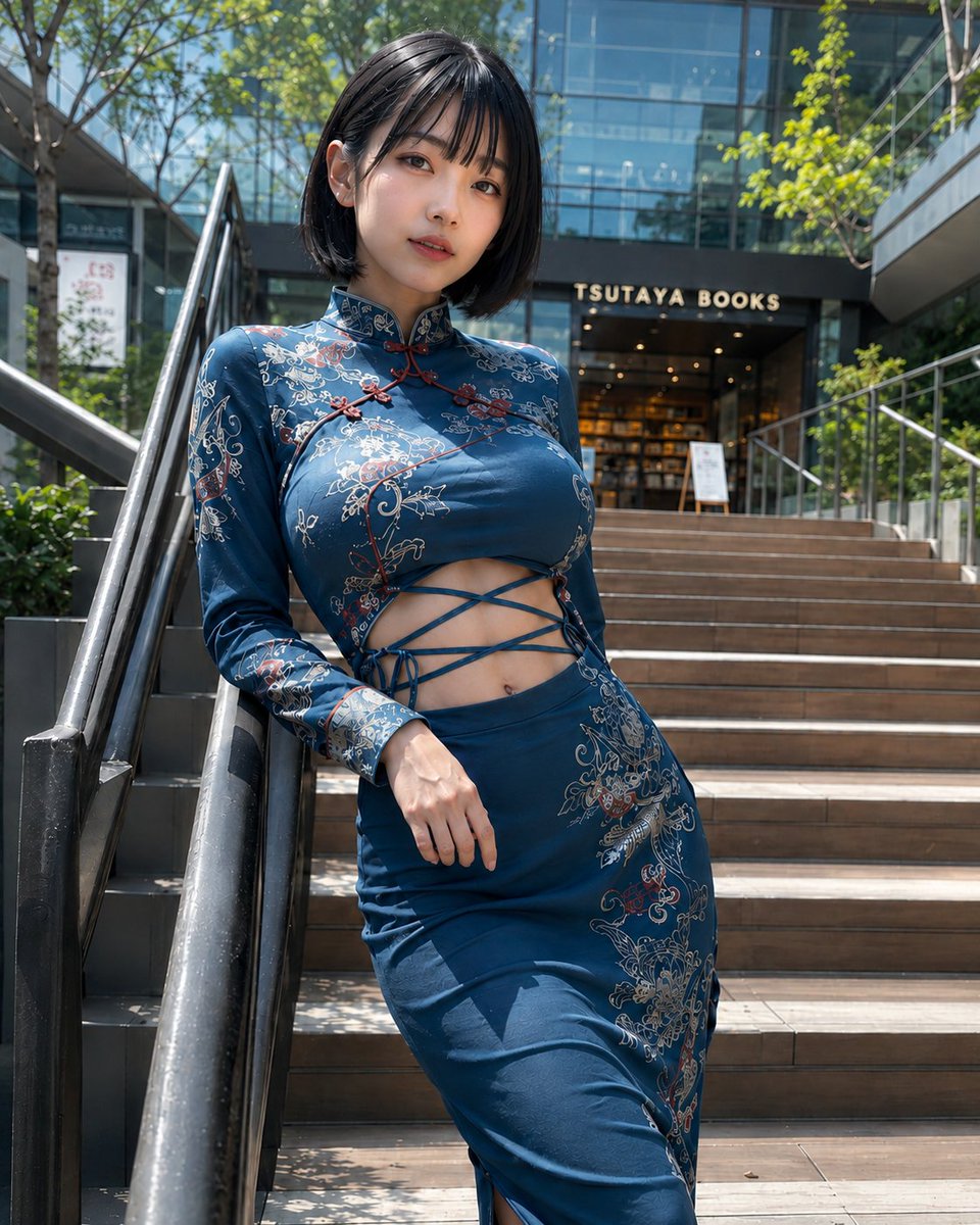 二十多岁的成年东亚女性，日本族裔，黑色短发波波头配齐刘海，表情柔和中性，站立并略微倚靠在木质楼梯上的黑色金属栏杆旁。她身穿一件现代改良版蓝色旗…, 图片 1