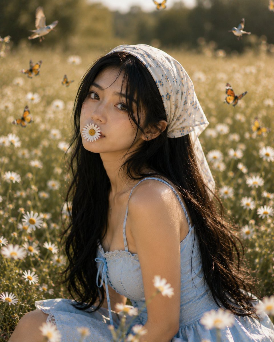 超现实主义的编辑级肖像作品，描绘一位极其美丽的19岁印度尼西亚女性，拥有白皙温暖的肤色、丝般顺滑的乌黑长发以及精致的自然妆容。她头系一条白色碎…, 图片 4