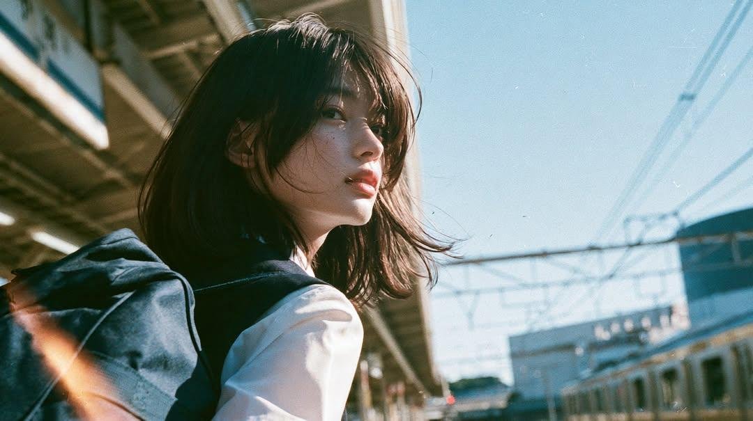 夏日午后明亮的阳光下，在郊区火车站拍摄一名日本高中女生的电影感成长肖像，身穿白色水手风格校服搭配浅蓝色短裙，背着一个藏青色书包和双肩包。肩部黑…, 图片 1