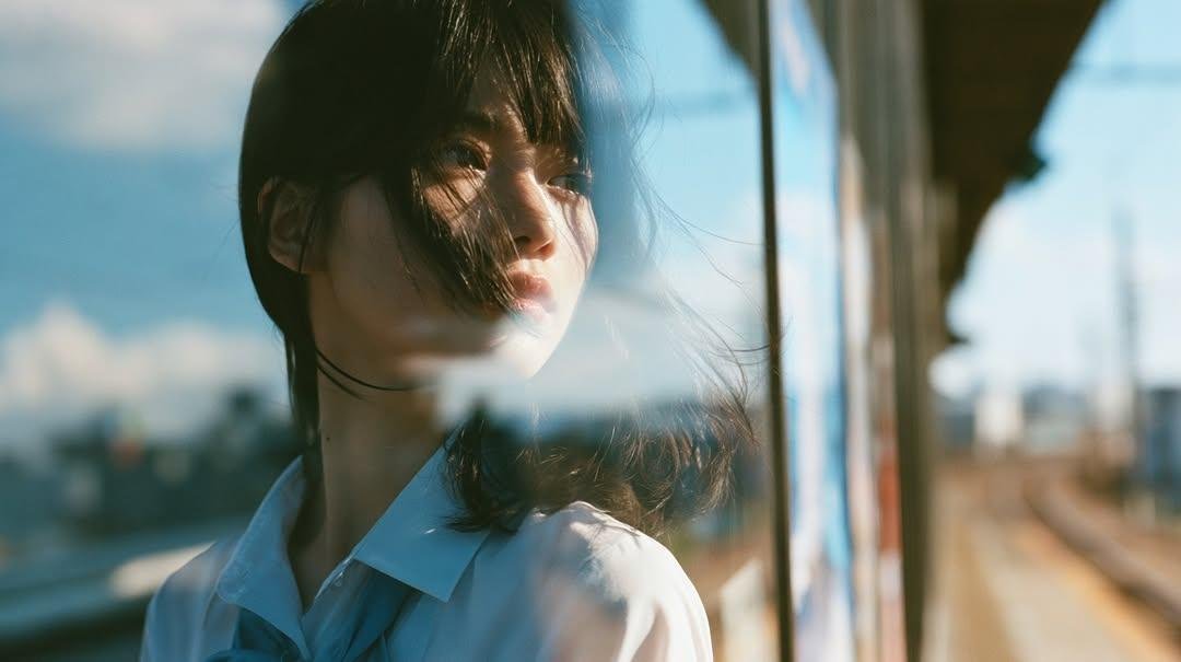 夏日午后明亮的阳光下，在郊区火车站拍摄一名日本高中女生的电影感成长肖像，身穿白色水手风格校服搭配浅蓝色短裙，背着一个藏青色书包和双肩包。肩部黑…, 图片 3