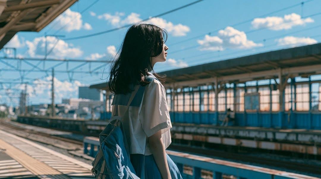夏日午后明亮的阳光下，在郊区火车站拍摄一名日本高中女生的电影感成长肖像，身穿白色水手风格校服搭配浅蓝色短裙，背着一个藏青色书包和双肩包。肩部黑…, 图片 4