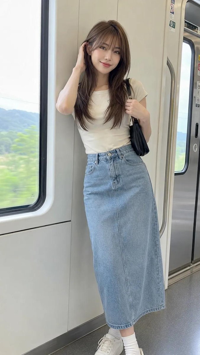 一张超写实的逼真肖像照，画面中是一位美丽的年轻韩国女性，皮肤光滑，留着齐肩黑色短发，柔和的刘海，笑容温柔。她随意地倚靠在现代火车的内壁上，直视…, 图片 2