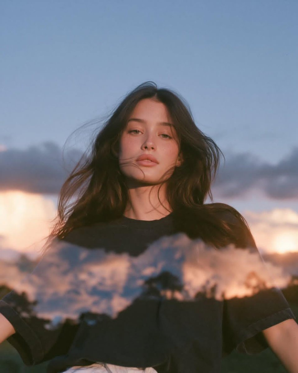超电影感梦幻模拟胶片人像摄影:一位年轻女性在日落后蓝调时刻的户外站立,深棕色长发被微风轻轻吹乱,松散的发丝自然地掠过她的面庞,身穿一件宽松褪色…, 图片 4