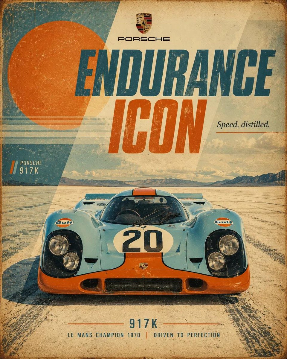 复古赛车运动海报，[CAR]，4:5 竖版。以低角度正面英雄视角展示[COLOR]色[CAR]，在画面中居中置于[SCENERY]之上。背景以…, 图片 1