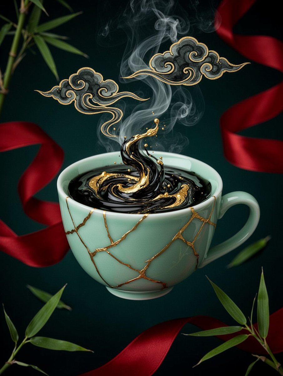 一只青瓷浅玉色瓷茶杯漂浮在深青色至黑色的背景前，杯身表面布满细密的金色金缮裂纹（金修陶瓷）。杯内是一团旋转的漩涡，由光润的黑色液体与流动的熔金…, 图片 1