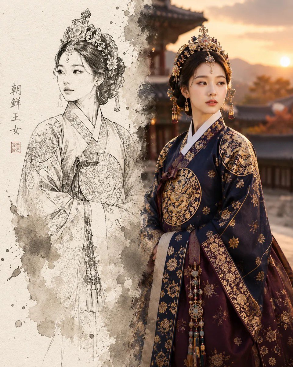 创作一幅分屏构图。左侧:朝鲜王朝时期一位优雅的韩国女性的墨线素描,她身着美丽的韩服,头戴花饰发簪。右侧:同一女性出现在夕阳下的传统朝鲜村落中,…, 图片 1