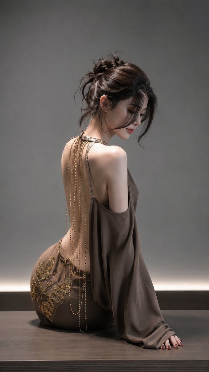 写实竖幅豪华时尚写真人像，沉郁极简棚拍场景。成年东亚女性，21岁以上，坐于深色木质平台上，身体背向镜头，头部轻柔从肩膀回转呈柔和侧面轮廓。略偏…, 图片 1