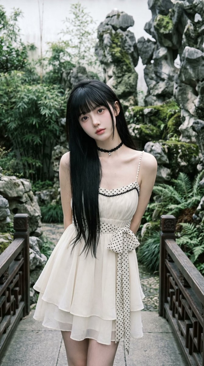 超写实电影感人像摄影:一位空灵飘逸的年轻东亚女性,静静伫立于传统中式古典园林之中,四周环绕着高耸的太湖石(文人石)、繁茂绿植、翠竹、苔藓覆盖的…, 图片 1
