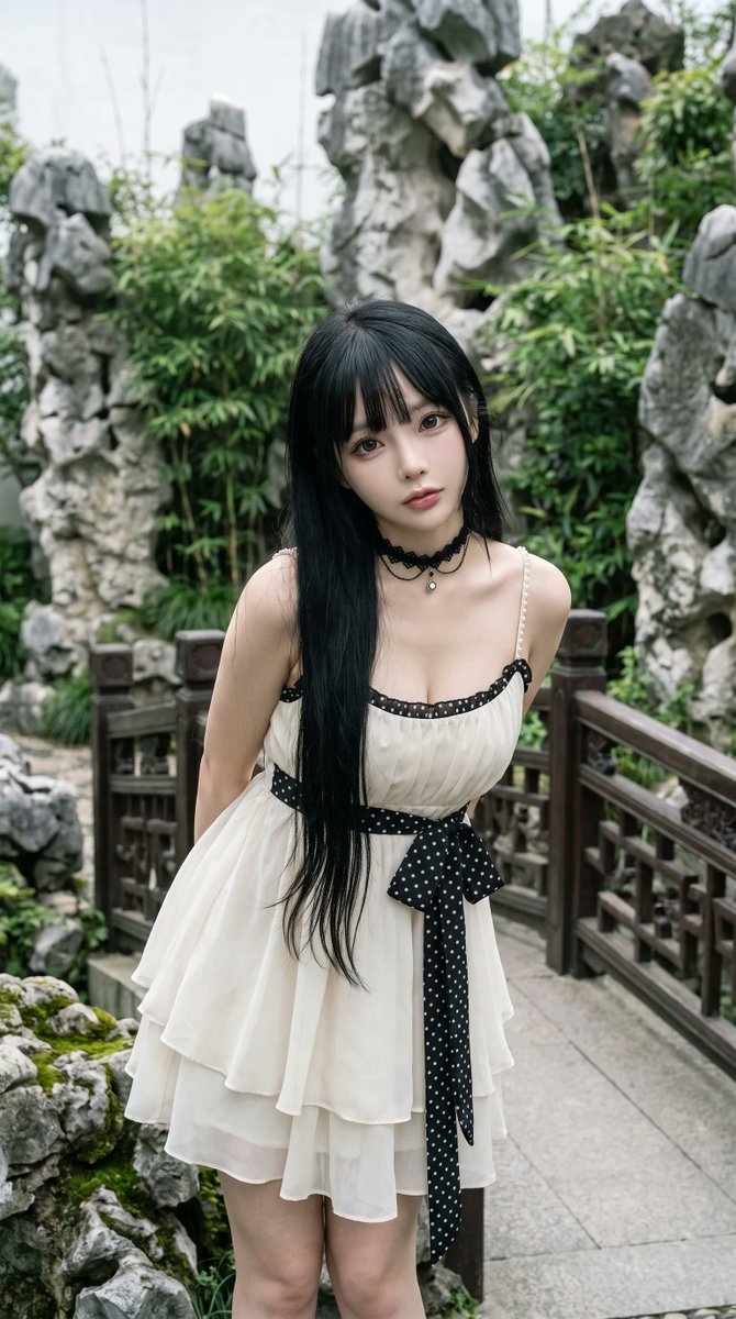 超写实电影感人像摄影:一位空灵飘逸的年轻东亚女性,静静伫立于传统中式古典园林之中,四周环绕着高耸的太湖石(文人石)、繁茂绿植、翠竹、苔藓覆盖的…, 图片 2