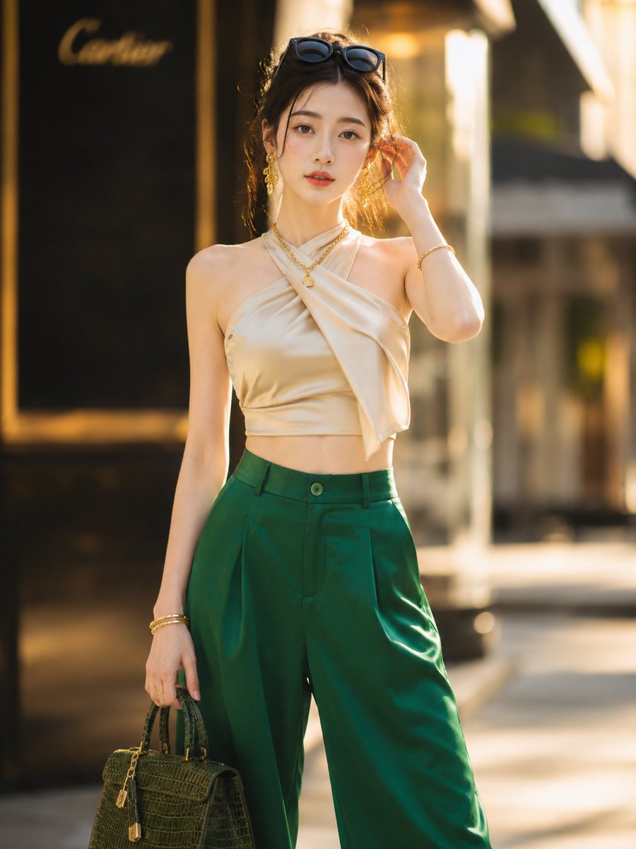 一位美得不可思议的年轻韩国女演员，被远距离长焦镜头以抓拍方式捕捉到，自然地回眸一瞥，流露出毫不费力的自信神态，姿态放松又不失时尚感，一只手提着…, 图片 1