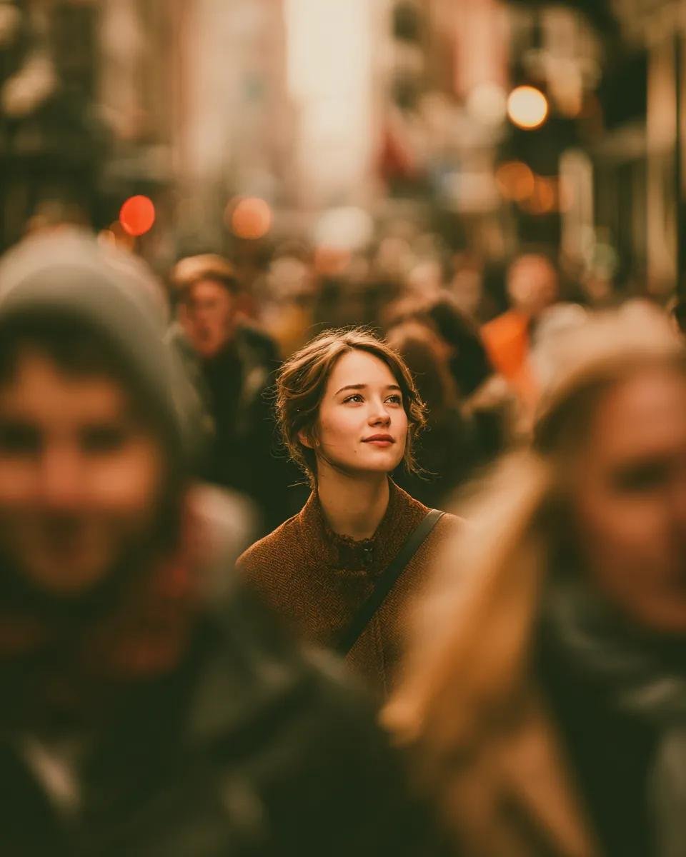 一位女士在熙熙攘攘的人群中平静地走着，周围所有人都在移动并略显模糊。她向侧面并略微向上看去，神情平静、中性，也许带着一丝非常细微、含蓄的微笑。…, 图片 2