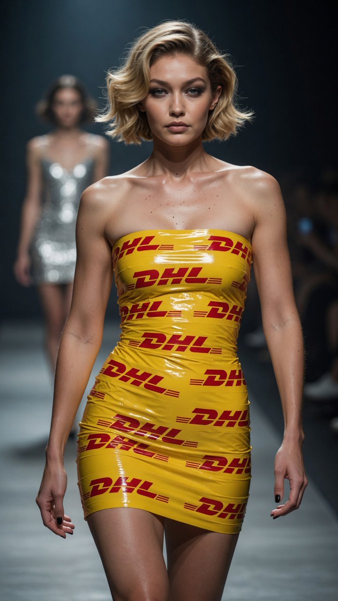 超写实时装秀场照片,吉吉·哈迪德 (Gigi Hadid) 在光线昏暗的秀场上自信地走秀,身着一件完全由光泽明亮的黄色 DHL 快递胶带紧贴身…, 图片 1