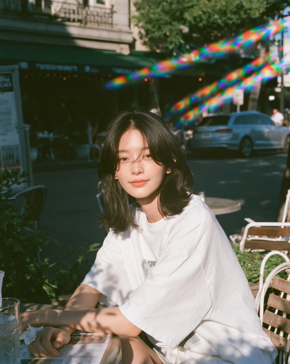 温暖阳光下的胶片人像,年轻女性放松地坐在小咖啡馆露台桌旁沐浴在明亮的金色午后阳光下,目光平静柔和、双眼睁开,身穿超大号白色T恤,身后是清晰可辨…, 图片 2