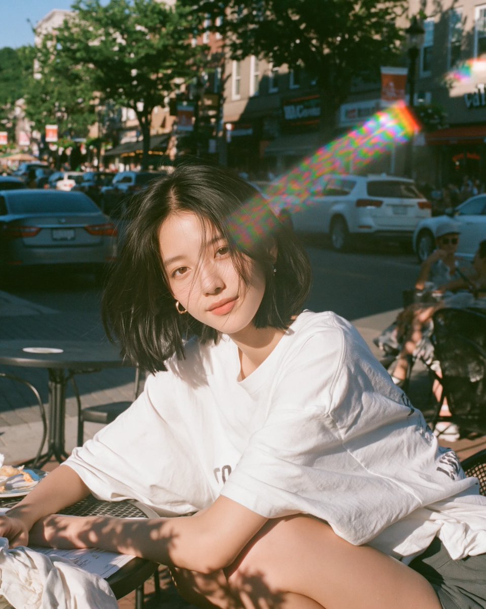 温暖阳光下的胶片人像,年轻女性放松地坐在小咖啡馆露台桌旁沐浴在明亮的金色午后阳光下,目光平静柔和、双眼睁开,身穿超大号白色T恤,身后是清晰可辨…, 图片 3