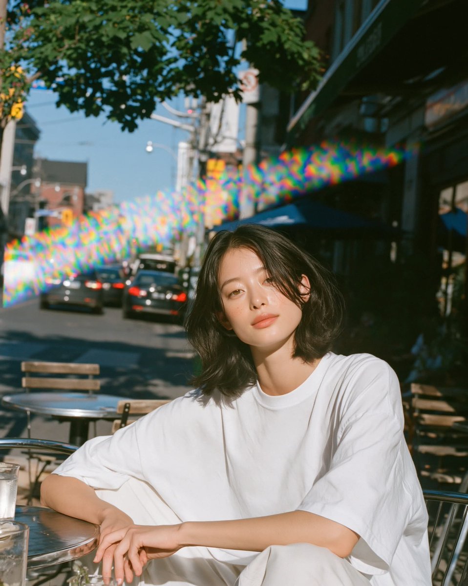 温暖阳光下的胶片人像,年轻女性放松地坐在小咖啡馆露台桌旁沐浴在明亮的金色午后阳光下,目光平静柔和、双眼睁开,身穿超大号白色T恤,身后是清晰可辨…, 图片 4