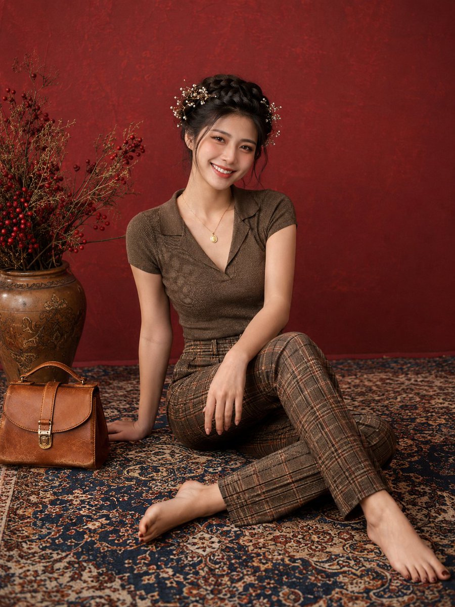 影棚优雅时尚人像写真:一位年轻女性面带温暖真诚的笑容,舒适地端坐在一块图案精美的波斯地毯上,地毯以深蓝与象牙白为主色调,背景为带有肌理的酒红色…, 图片 1