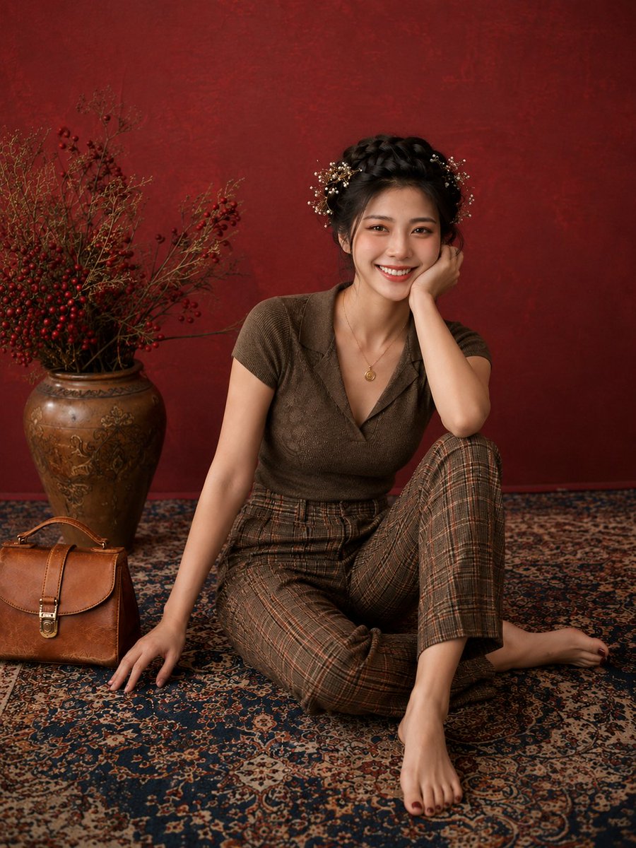 影棚优雅时尚人像写真:一位年轻女性面带温暖真诚的笑容,舒适地端坐在一块图案精美的波斯地毯上,地毯以深蓝与象牙白为主色调,背景为带有肌理的酒红色…, 图片 2
