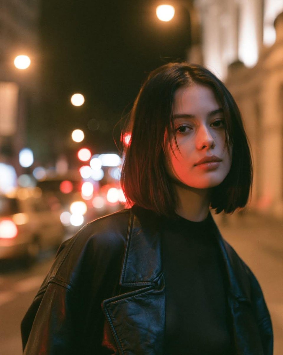 电影感夜间人像摄影，写实风格：一位年轻女子伫立在城市街道上，温暖的路灯柔和地照亮她，一侧脸颊映着微妙的红色霓虹溢光。她留着顺滑的齐肩深棕色波波…, 图片 1