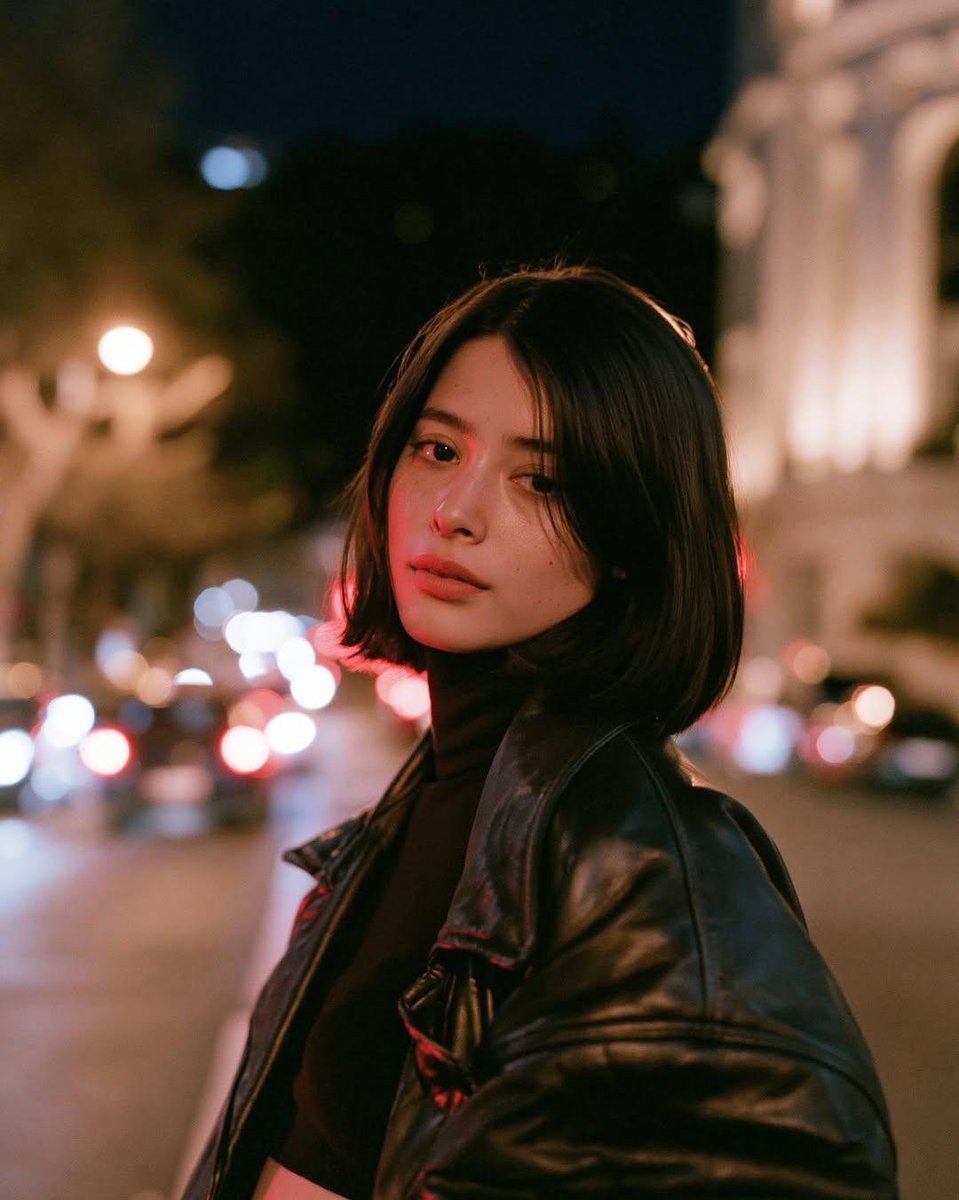 电影感夜间人像摄影，写实风格：一位年轻女子伫立在城市街道上，温暖的路灯柔和地照亮她，一侧脸颊映着微妙的红色霓虹溢光。她留着顺滑的齐肩深棕色波波…, 图片 4