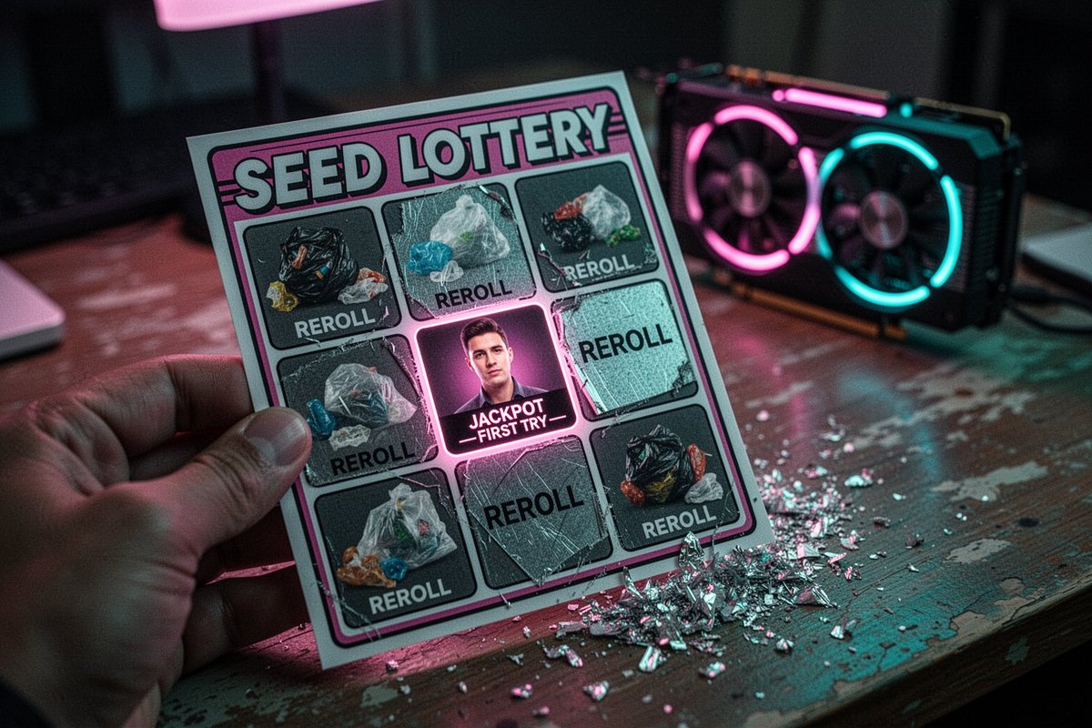 夜间,一张特写微距镜头下,一只手拿着一张标题为“SEED LOTTERY”(种子彩票)的光滑刮刮乐彩票,悬于一张磨损的木质桌面之上。彩票上有一…, 图片 1