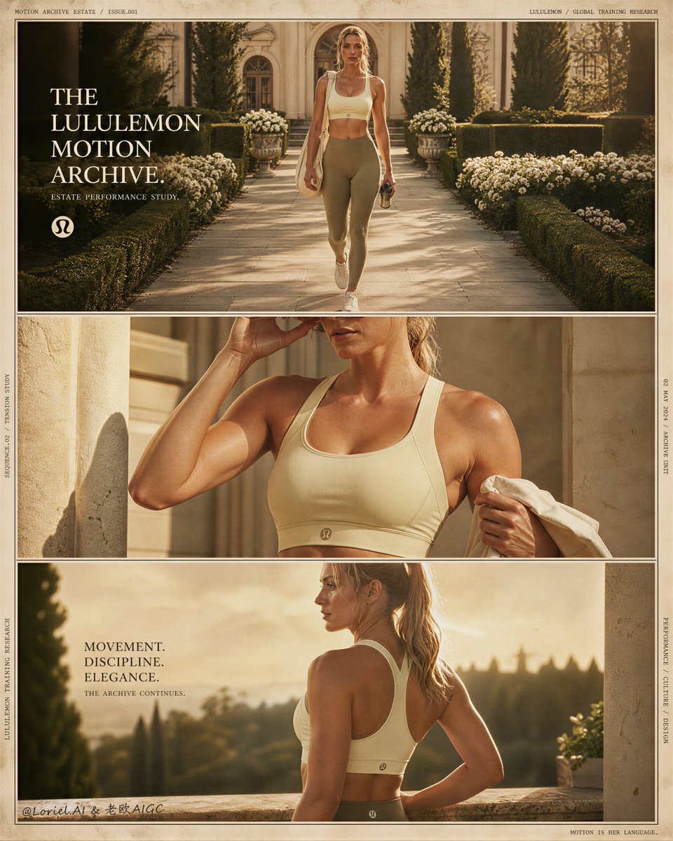 为Lululemon运动内衣创作一张超高端的三联幅编辑式宣传海报,以"动态档案庄园"(Motion Archive Estate)为概念的奢华…, 图片 1
