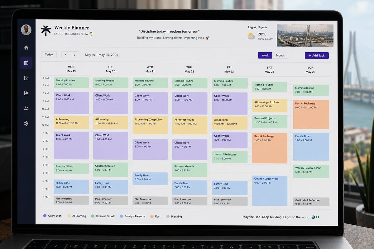'Create a realistic weekly schedule for a Lagos freelancer focusing on [your ma…