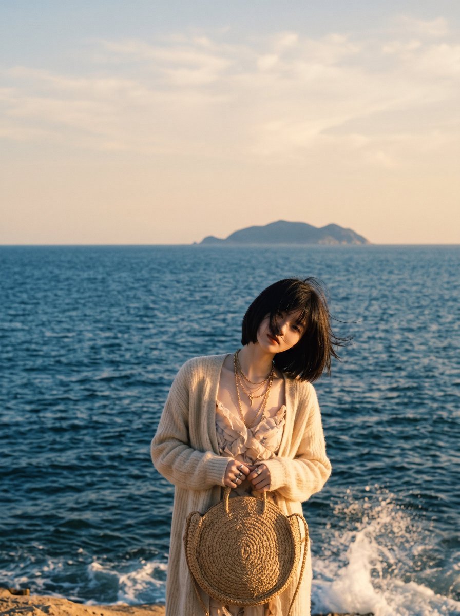 东亚年轻女性审美生活方式肖像，齐刘海黑色短发波波头，强烈的海风戏剧性地将所有头发吹过面部完全遮住眼睛，营造神秘的无脸美学，嘴唇和鼻子透过被风吹…, 图片 1