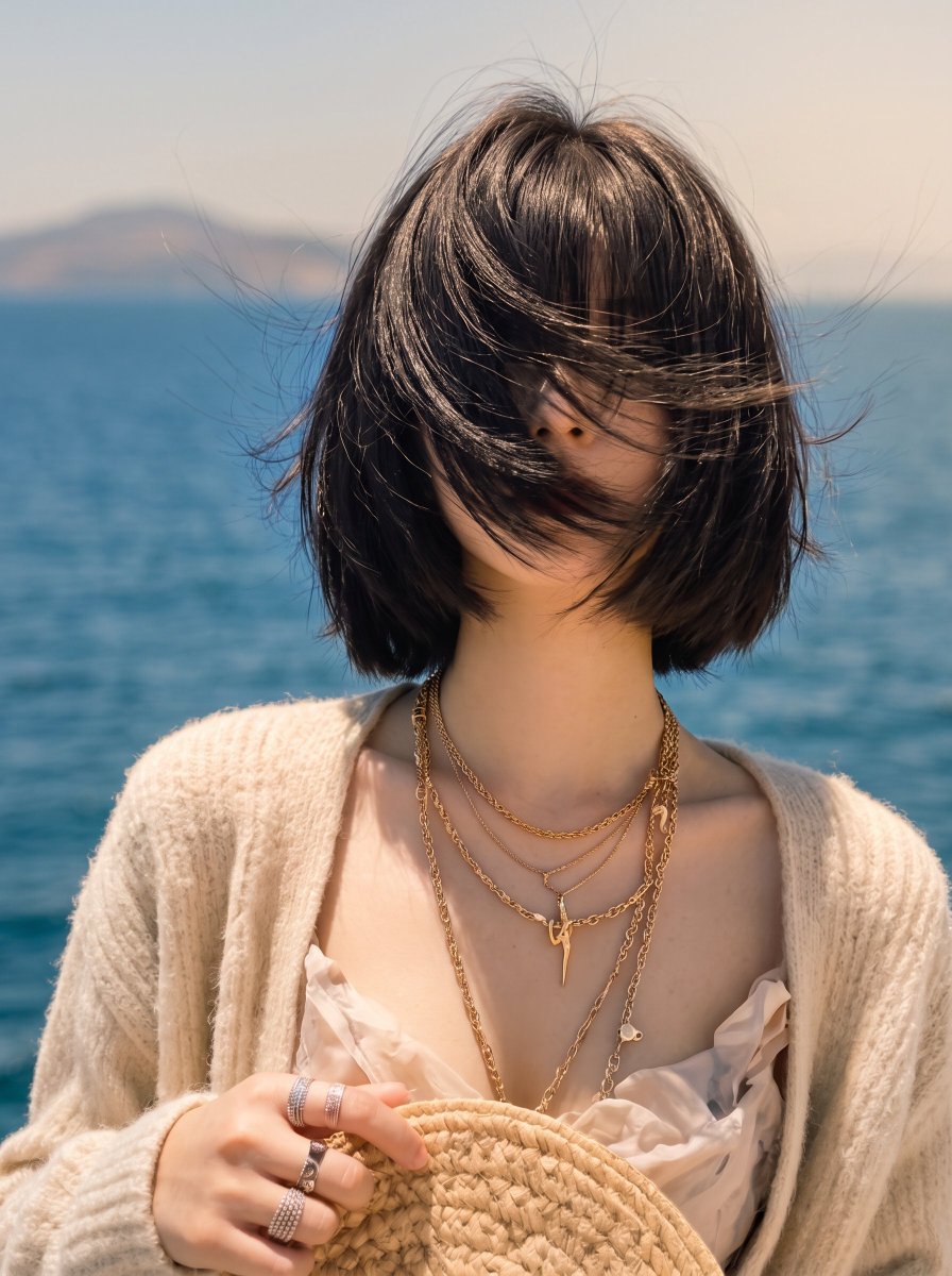 东亚年轻女性审美生活方式肖像，齐刘海黑色短发波波头，强烈的海风戏剧性地将所有头发吹过面部完全遮住眼睛，营造神秘的无脸美学，嘴唇和鼻子透过被风吹…, 图片 3