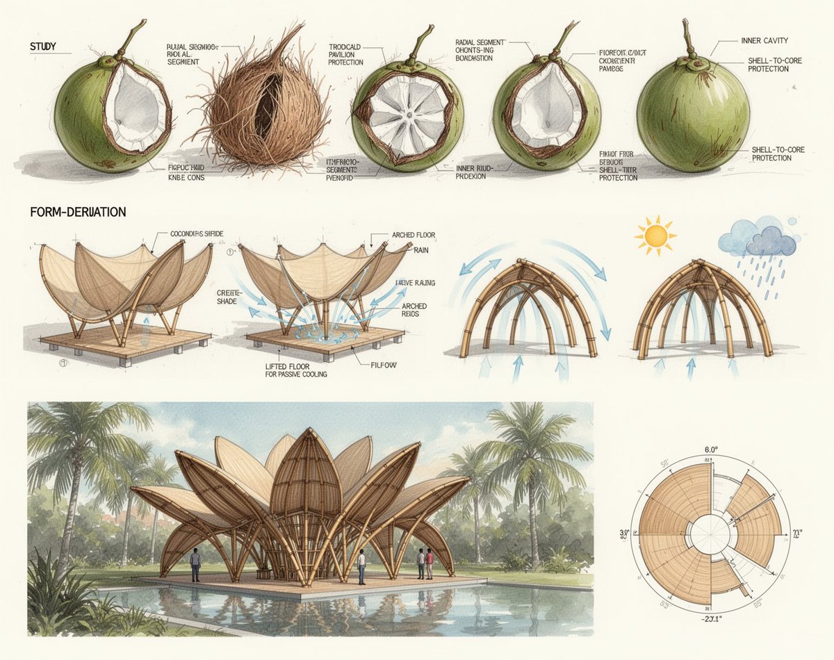 Architectural concept design board, biomimetic pavilion inspired by a coconut, …
