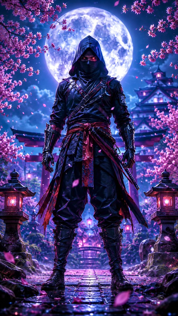 一名神秘蒙面忍者自信地站立在宁静日本庭园中的一轮巨大满月之下,被盛开的樱花枝环绕,粉色花瓣飘落飘逝。身着黑色战术忍服,配有分层绑带、金属前臂护…, 图片 1