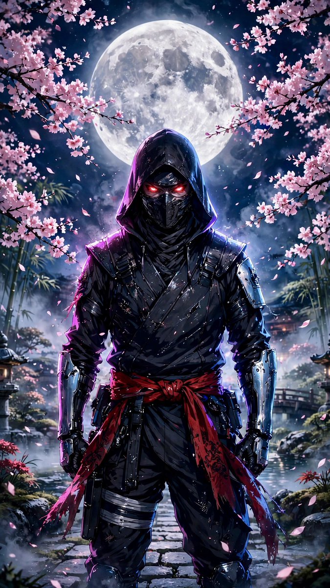 一名神秘蒙面忍者自信地站立在宁静日本庭园中的一轮巨大满月之下,被盛开的樱花枝环绕,粉色花瓣飘落飘逝。身着黑色战术忍服,配有分层绑带、金属前臂护…, 图片 3