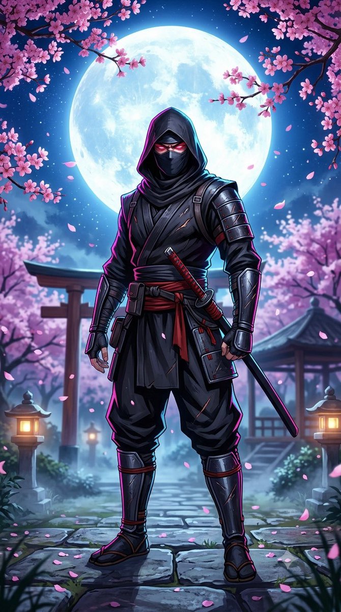 一名神秘蒙面忍者自信地站立在宁静日本庭园中的一轮巨大满月之下,被盛开的樱花枝环绕,粉色花瓣飘落飘逝。身着黑色战术忍服,配有分层绑带、金属前臂护…, 图片 4