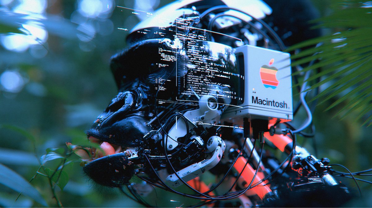 远距离长焦机甲猩猩面部特写,复古1980年代"Macintosh"苹果品牌标识,角落里褪色复古全彩色谱线苹果logo,进食中,分层构图,高IS…, 图片 2