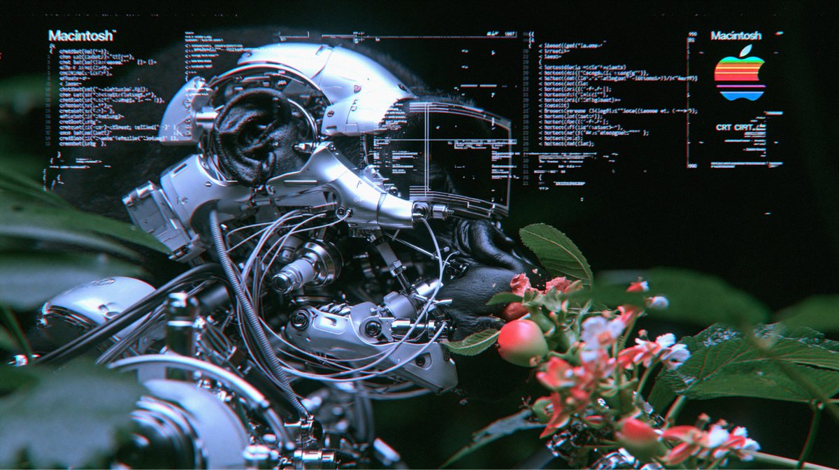 远距离长焦机甲猩猩面部特写,复古1980年代"Macintosh"苹果品牌标识,角落里褪色复古全彩色谱线苹果logo,进食中,分层构图,高IS…, 图片 3