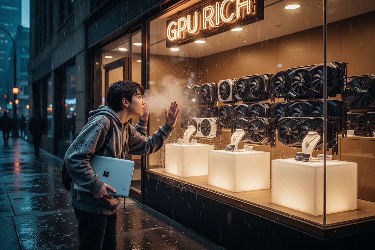 夜晚雨中的城市人行道,潮湿路面上泛着冷蓝色倒影。一个穿着破旧连帽衫的年轻人将脸和手贴在大型玻璃店橱窗上,渴望地望向店内,呼吸在玻璃上起了雾。温…, 图片 1