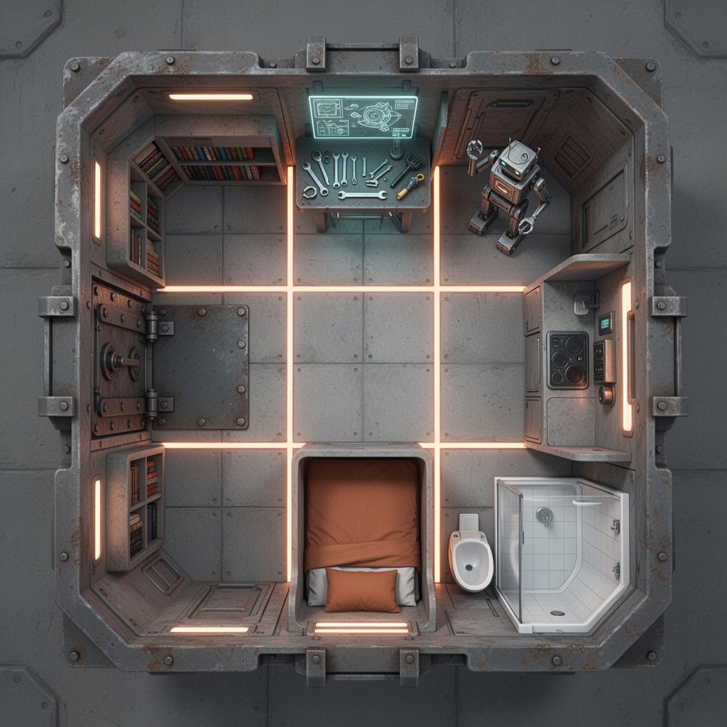 Top-down cutaway floor plan of a compact sci-fi living habitat, orthographic bi…