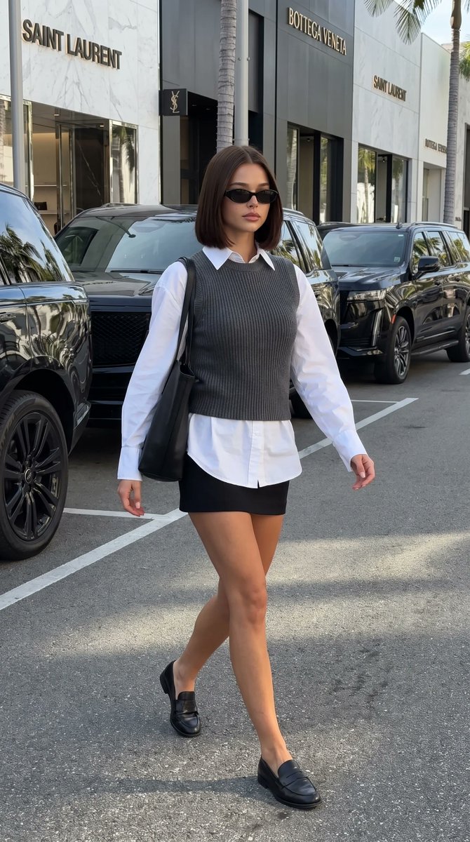 一张超写实的时尚编辑街拍风格照片，画面中一位美丽的年轻女子自信地走在阳光明媚的高端购物街区，散发着毫不费力的"模特下班"优雅气质。, 图片 1