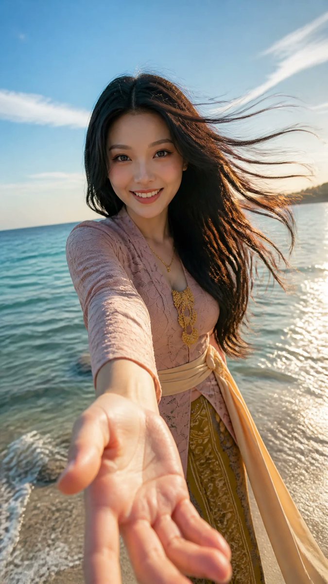 9:16 竖版写实夏季 POV 人像。 一位年轻、成熟的东亚女性，年龄 20–25 岁，美丽自然，笑容明亮灿烂，神情欢快，双眸闪耀，带着柔和而…, 图片 1