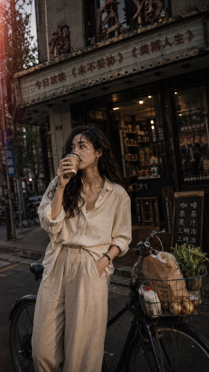 在一条安静的街角快速抓拍的一张快照,看起来像是有人叫了她的名字,她走路中途转过身来。一位二十出头年轻中国女子站在一辆深蓝色自行车旁,身体半转着…, 图片 3