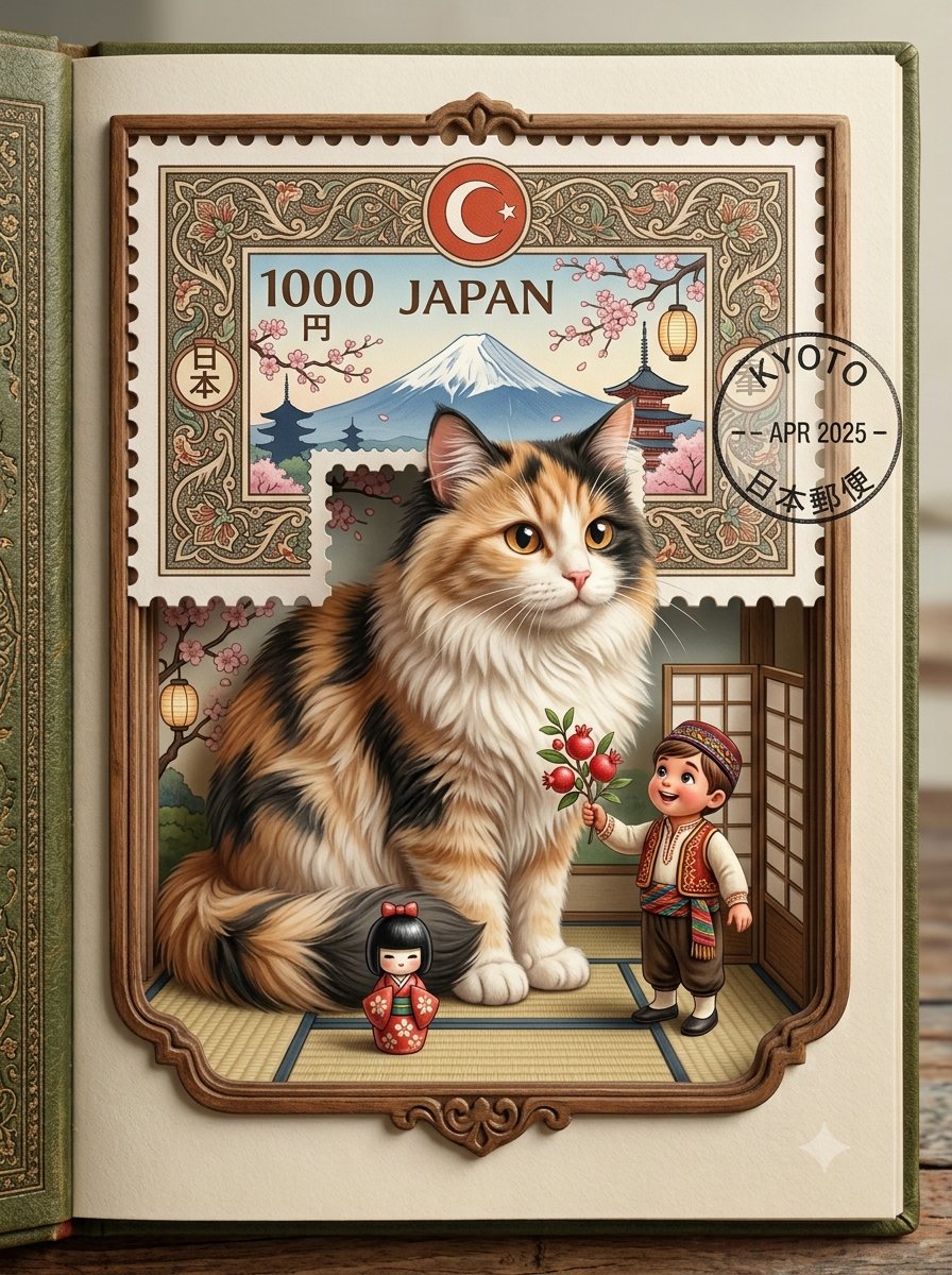超精细的 3D 插画：一只巨大的可爱 [ANIMAL] 从一张复古的 [COUNTRY] 邮票中破封而出，正与一个身穿传统 [COUNTRY]…, 图片 1