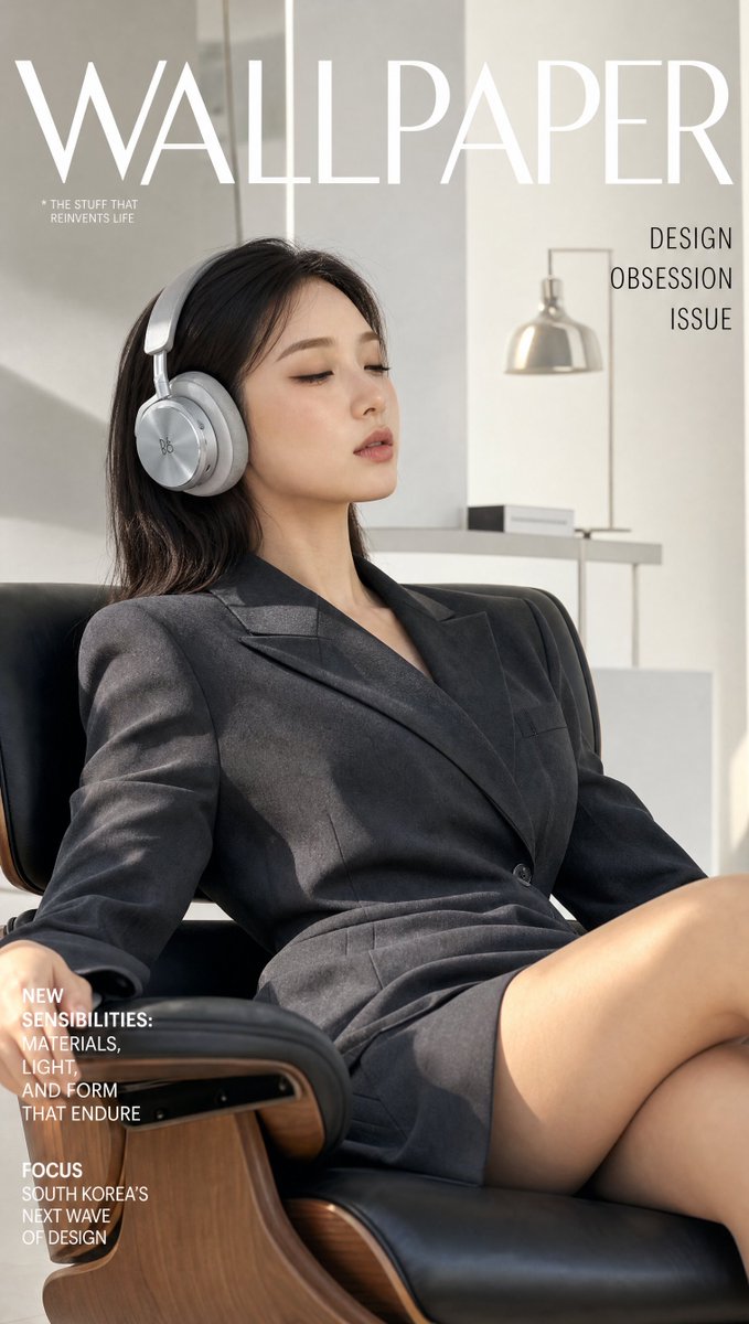 超写实设计杂志封面:一位姿态从容的韩国女性,身着剪裁考究的炭灰色结构感西装连衣裙,斜倚在设计师款伊姆斯椅上,佩戴 Bang & Olufsen…, 图片 1