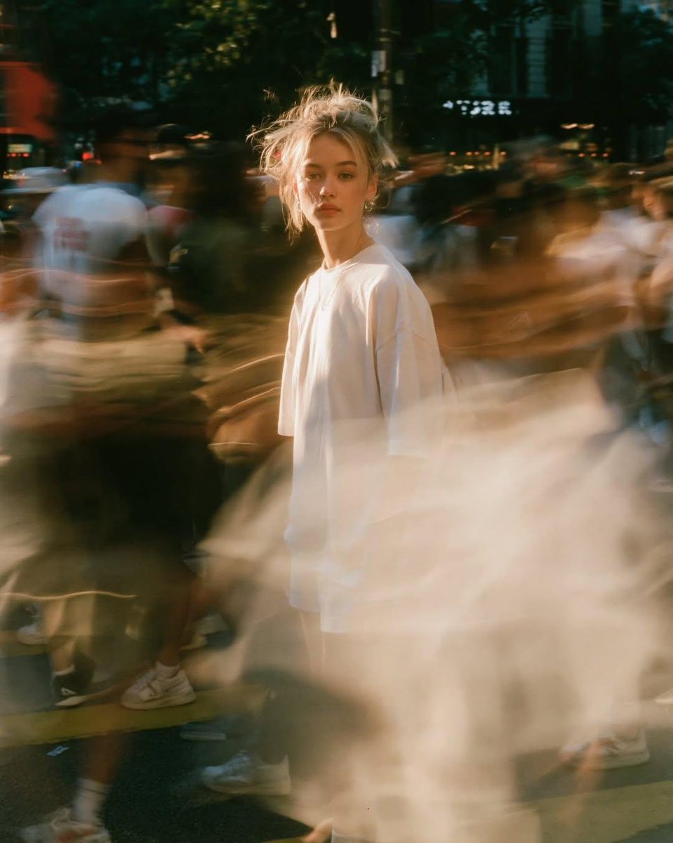 黄昏时分温暖胶片风格的街头人像，年轻女性完美锐利、纹丝不动地站立，神情安静自信，晒成浅亚麻色的金发，身着简约白色服饰，周围匆匆涌动的人群消融为…, 图片 1