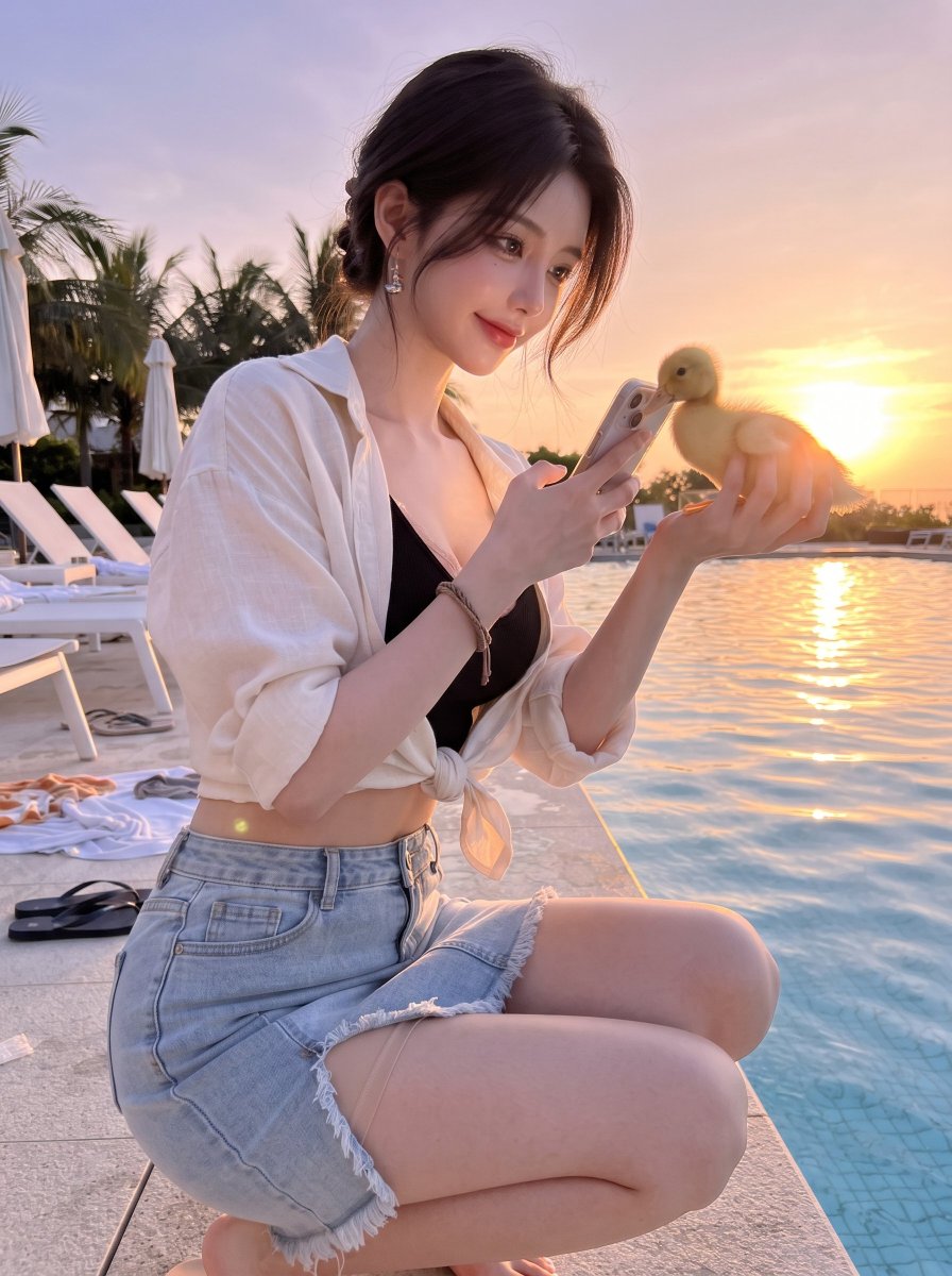 一位女子，在温暖夏夜的微风拂过水面的氛围中，侧身蹲在泳池边，一只手举着手机（屏幕光映照着她的锁骨），另一只手轻轻捧着一只毛茸茸的小鸭，小鸭好奇…, 图片 1